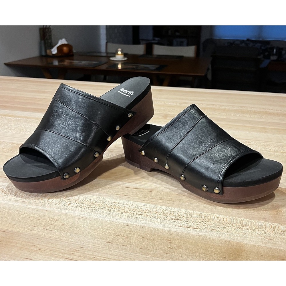Earth Pine Tiga Soft Calf Black Leather Platform Slides, Women's Size 8